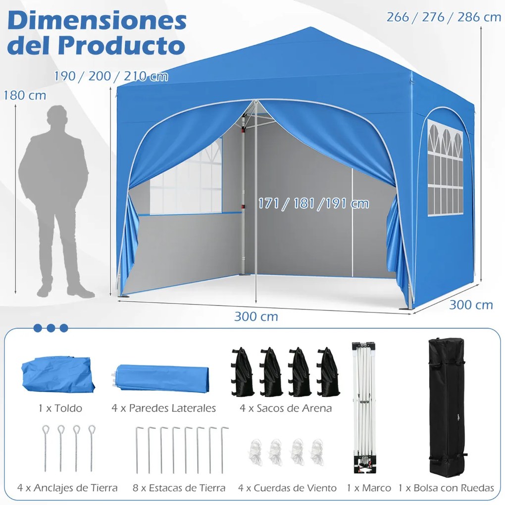 Tenda Jardim, festas, eventos de 3 x 3 m com 4 x sacos de areia e 4 paredes laterais removíveis Inclui bolsa de transporte com rodas 8 estacas Azuis