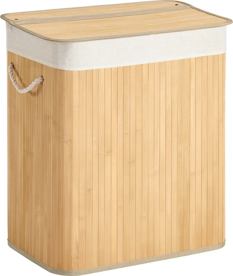 Cesto de roupa suja com 2 compartimentos, 100 L com tampa, em bambu 52 x 32 x 61 cm cor natural