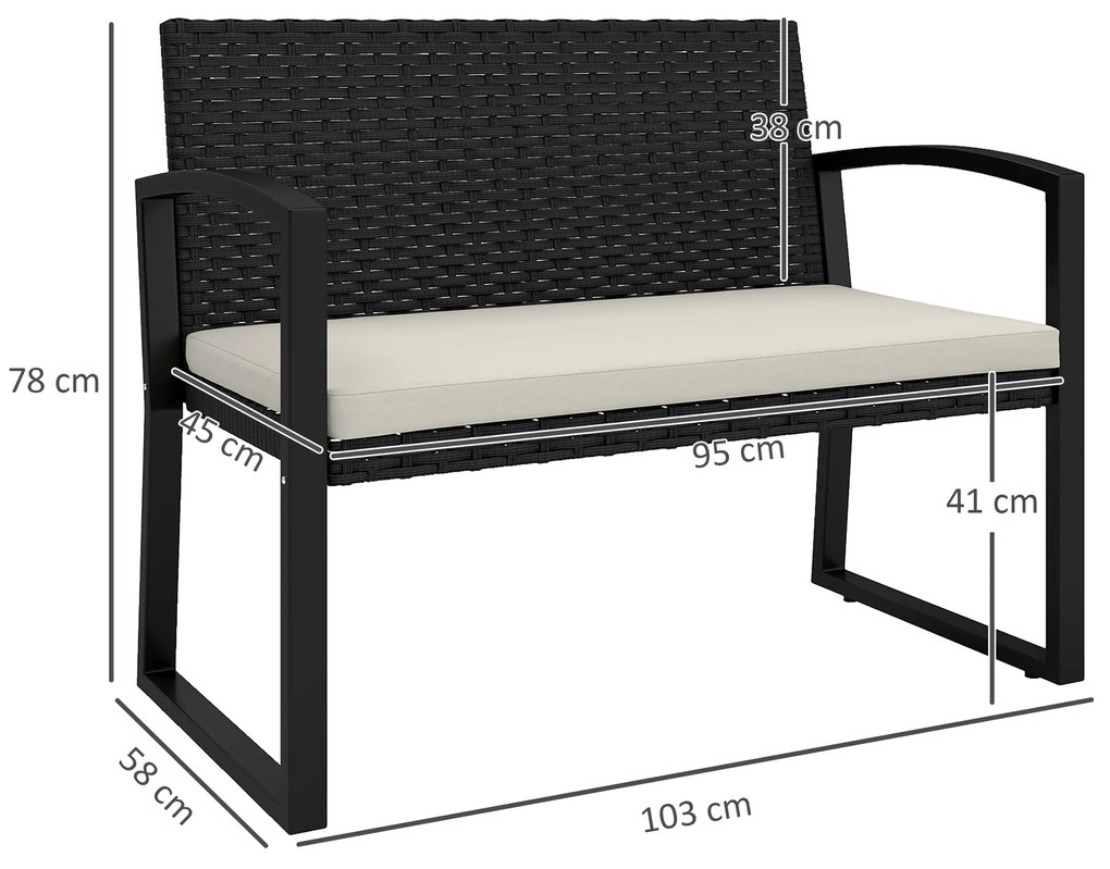 Banco de Jardim em Vime Sintético de 2 Lugares Banco de Exterior com Almofada 103x58x78 cm Preto e Bege