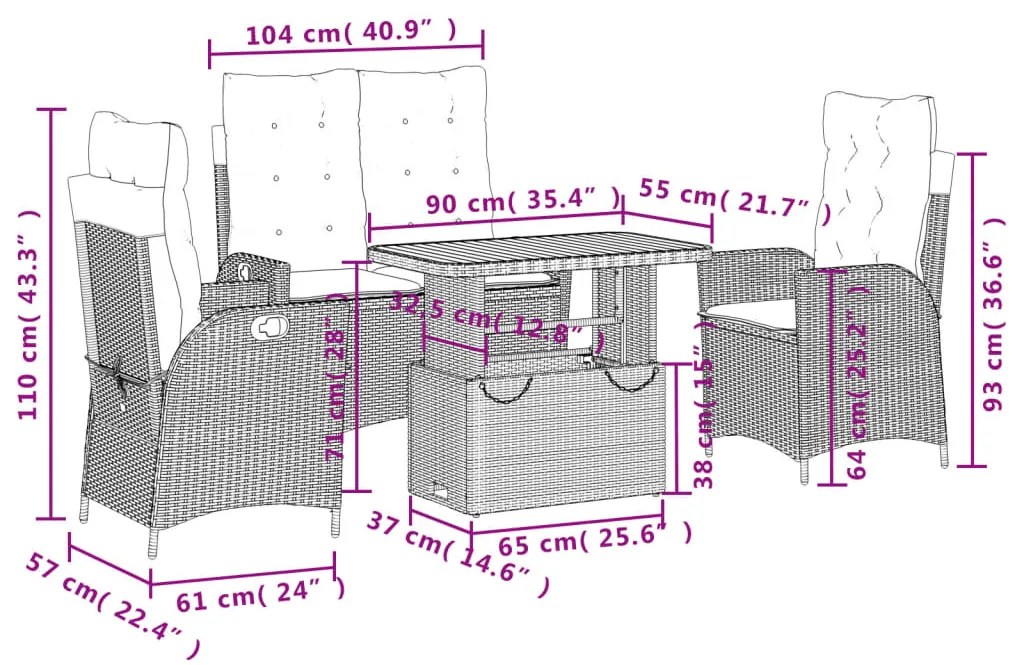 4 pcs conjunto de jantar p/ jardim c/ almofadões vime PE cinza