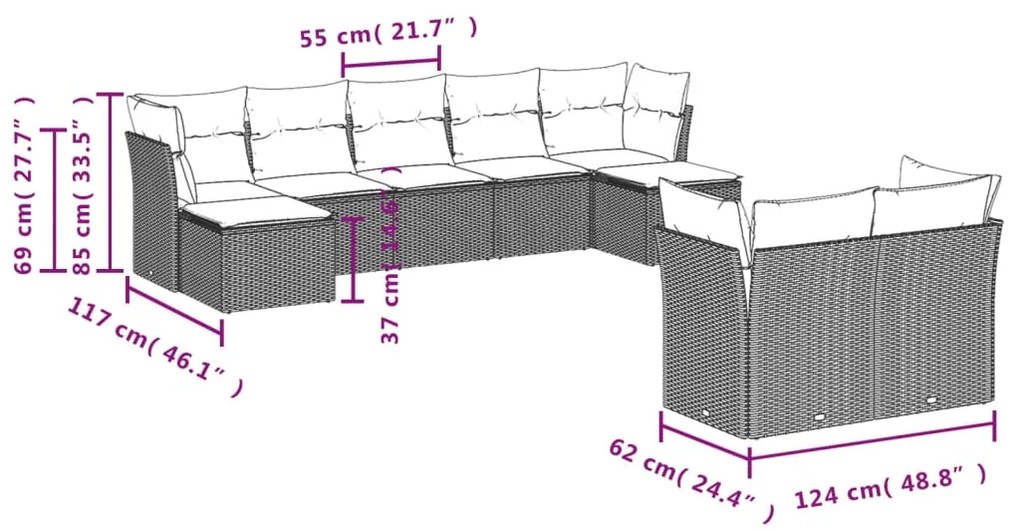 9 pcs conjunto de sofás p/ jardim com almofadões vime PE bege