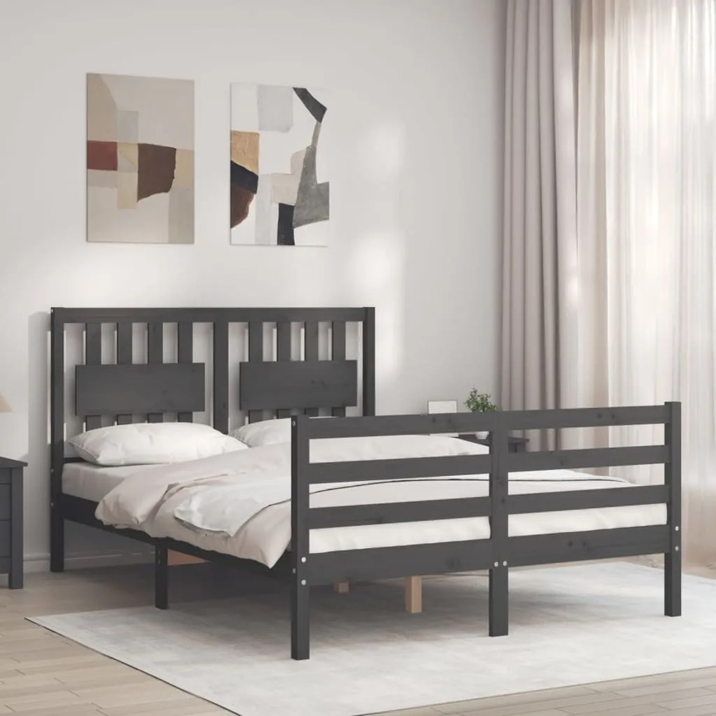 Estrutura de cama de casal c/ cabeceira madeira maciça cinzento