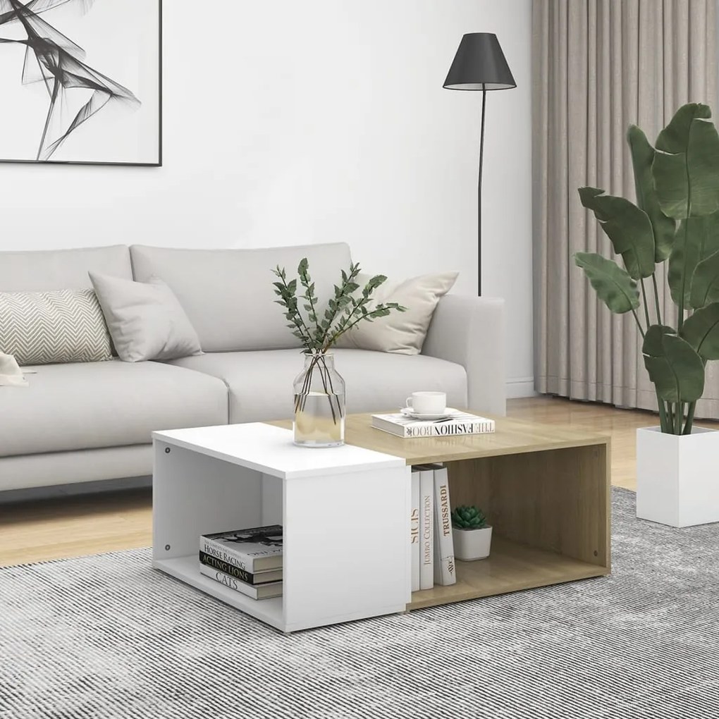 806908 vidaXL Mesa de centro 90x67x33 cm contraplacado branco/carvalho sonoma