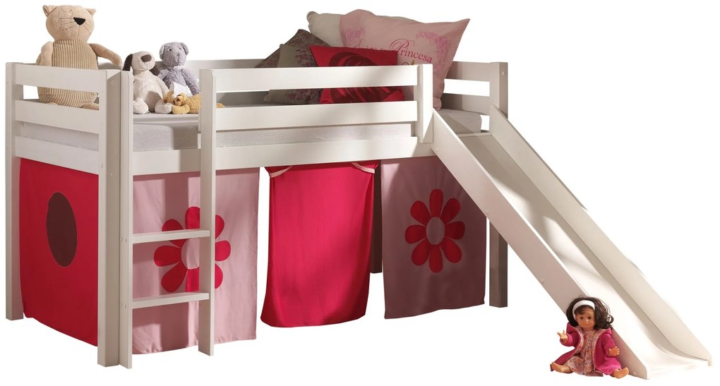 Conjunto Cama alta de Criança PINO 90 x 200 cm + estrado + escada + escorrega + cortina Flores Branca