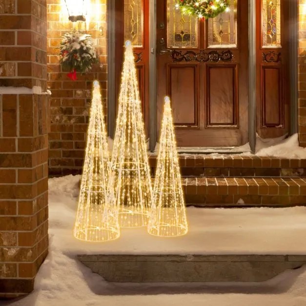 Conjunto de 3 árvores de Natal pré-iluminadas em forma de cone com correntes de estrelas 62/72/81cm