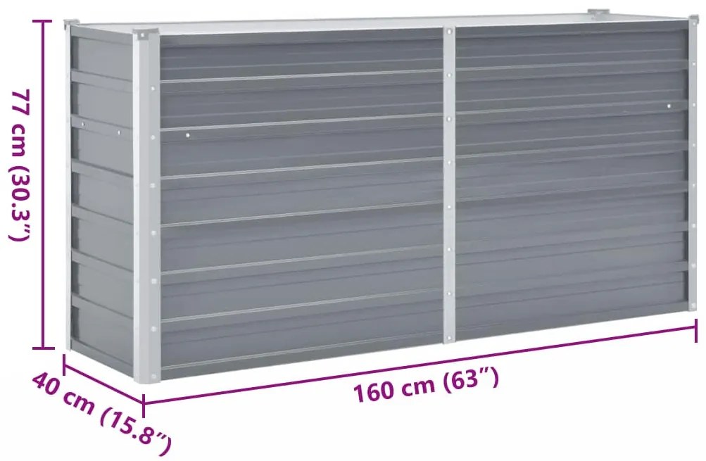 Canteiro elevado de jardim aço galvanizado 160x40x77cm cinzento
