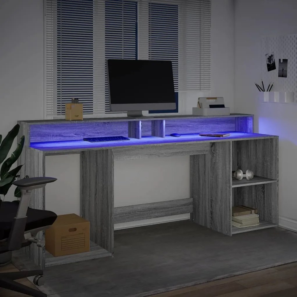 Secretária luzes LED 200x55x91cm deriv. madeira cinzento sonoma