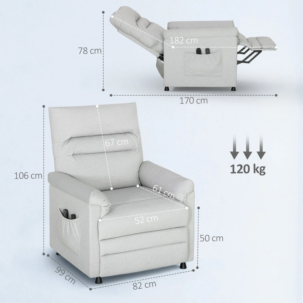 Poltrona relaxante elétrica com massagem e aquecimento, poltrona reclinável, apoio para os pés, motor silencioso, 82 x 99 x 106 cm, cinzento