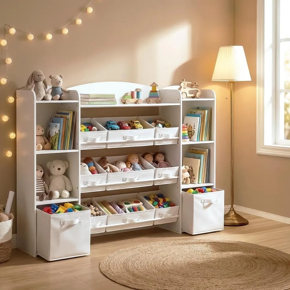 Estante infantil 30 x 143,8 x 104 cm com 4 compartimentos abertos, estante infantil, 9 caixas centrais e 2 caixas laterais Branca