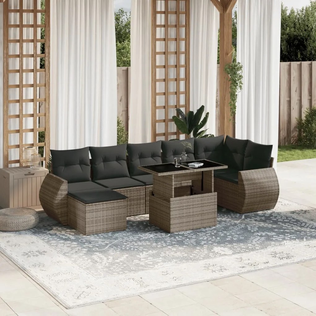 8 pcs conjunto sofás de jardim c/ almofadões vime PE cinzento