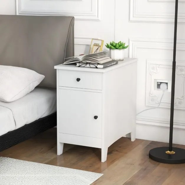 Mesa de apoio ou mesa de cabeçeira com estação de carregamento, porta USB e tomadas com gaveta branco