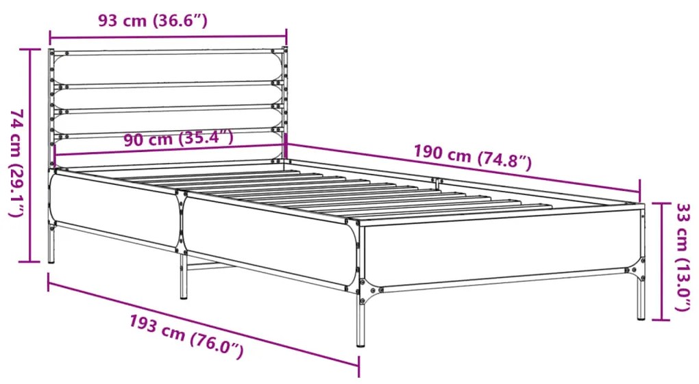 Estrutura de cama 90x190 cm derivados de madeira e metal preto