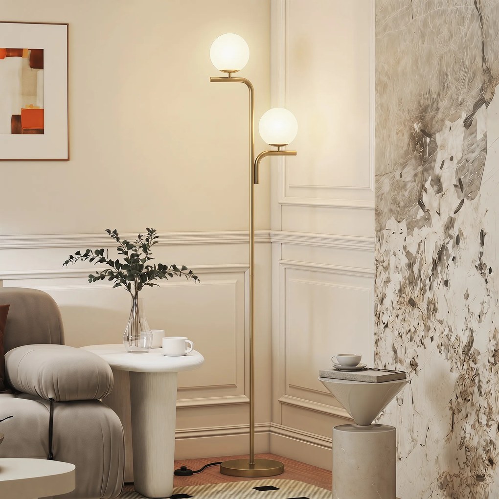 Candeeiro de pé para sala com duas cabeças, candeeiro de pé com 3 temperaturas de luz, abajur de vidro, dourado