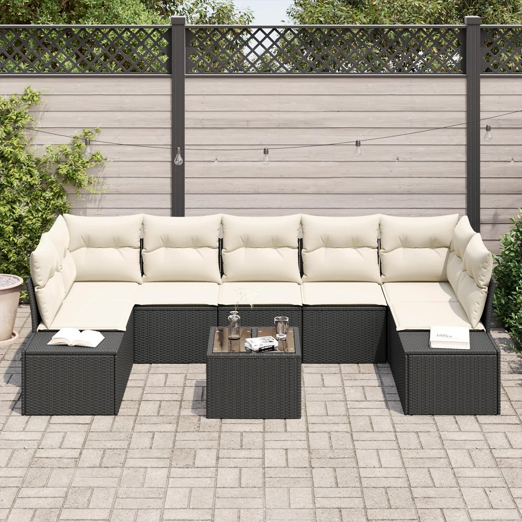 Conjunto de Sofá de Jardim com 8 Peças e Almofadas Preto em Rattan