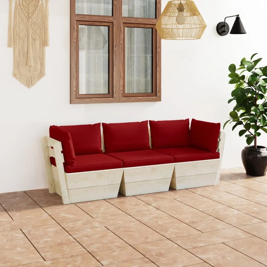 vidaXL Sofá paletes 3 lugares p/ jardim c/ almofadões madeira de abeto