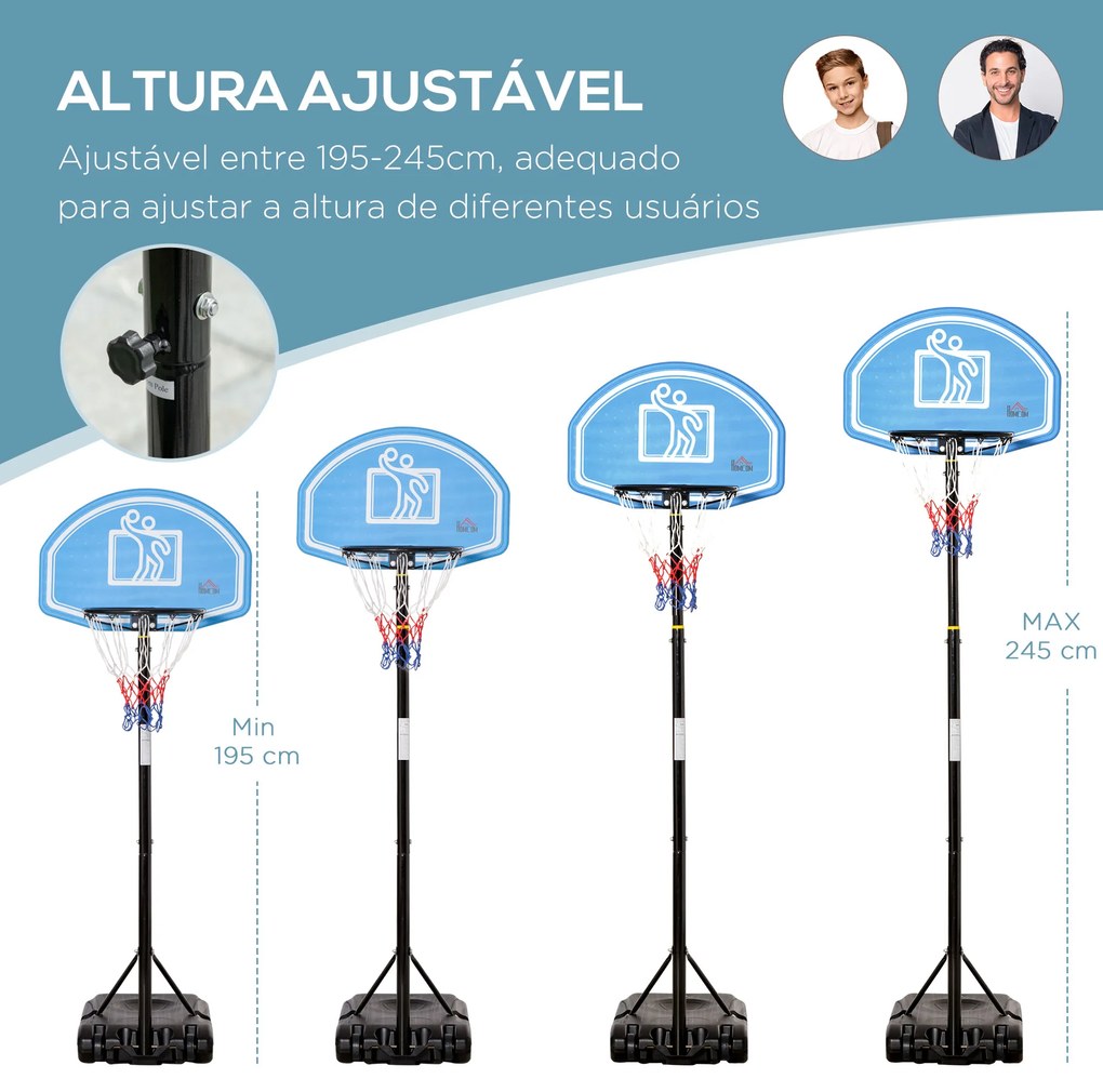HOMCOM Tabela de Basquetebol para Exterior com Altura Ajustável 160-210cm Cesta de Basquetebol com Rodas Tabela de PE e Base Recarregável 76x70x197,5-254cm Preto e Azul