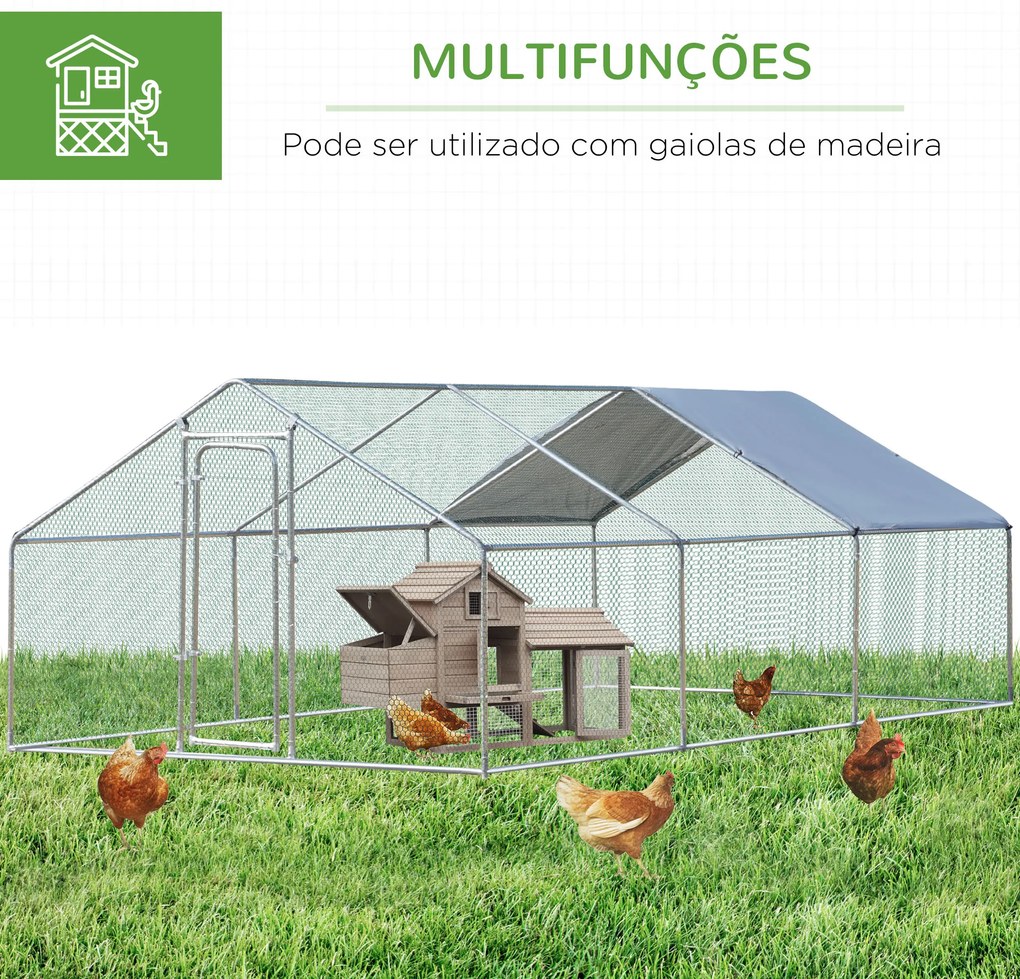 Galinheiro de Exterior Grande 3.03x6x1,95cm Gaiola de Metal Galvanizado para Galinhas Coelhos Aves com Fechadura Prata