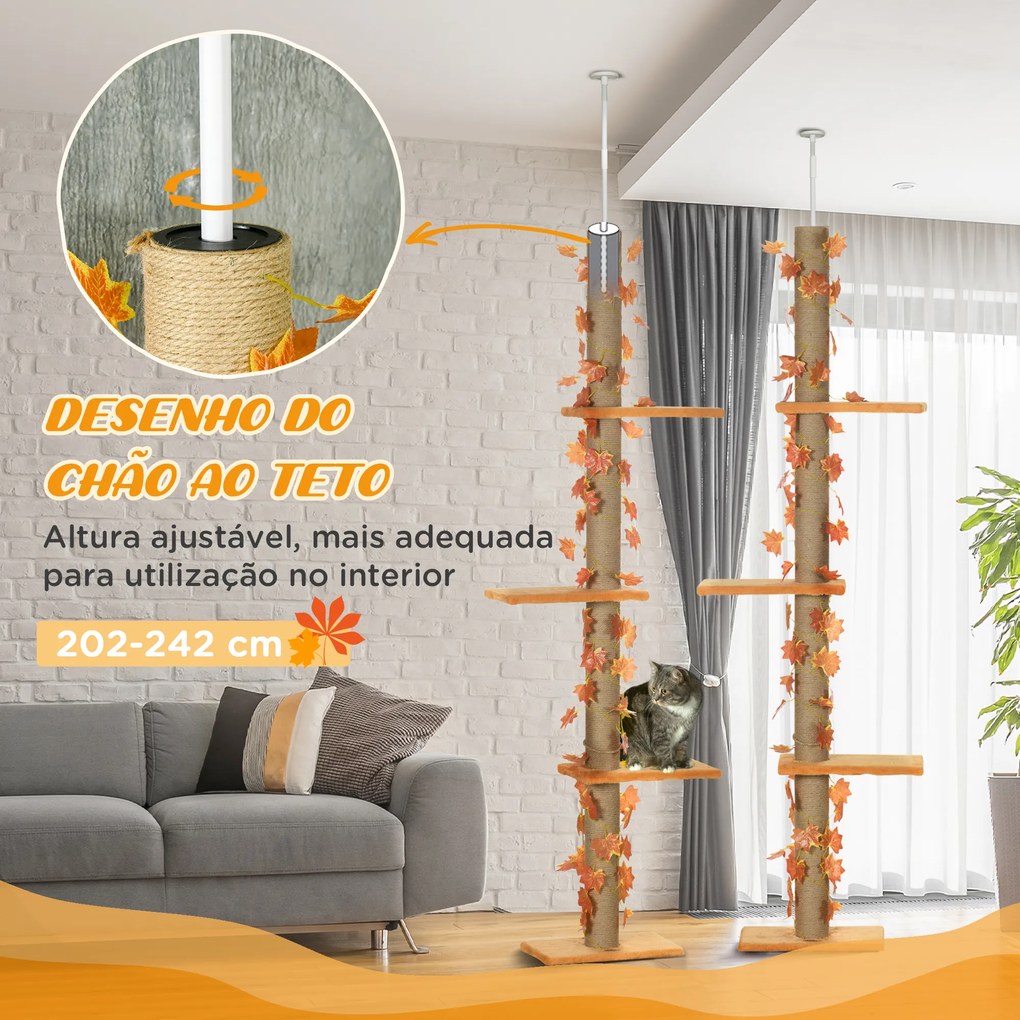 Arranhador para Gatos do Chão ao Teto 37x21x202-242 cm Torre Arranhador para Gatos com Altura Ajustável 3 Plataformas Laranja