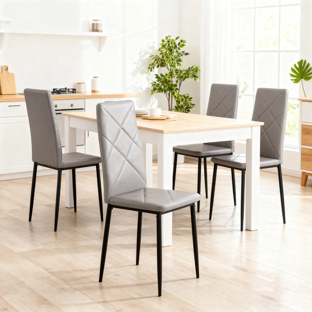 Conjunto de 4 Cadeiras de Sala de Jantar Estofadas em Couro Sintético (MESA NÃO INCLUÍDA) com Encosto Alto e Pés de Aço 41x50x97 cm Cinza