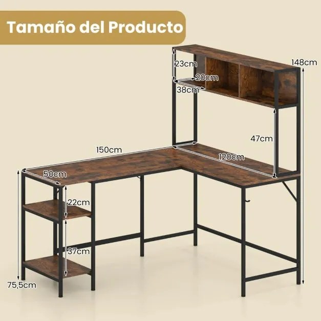 Secretária em forma de L  150 x 120 x 148 cm com compartimento de canto para computador com prateleiras e gancho para auscultadores com estante castan