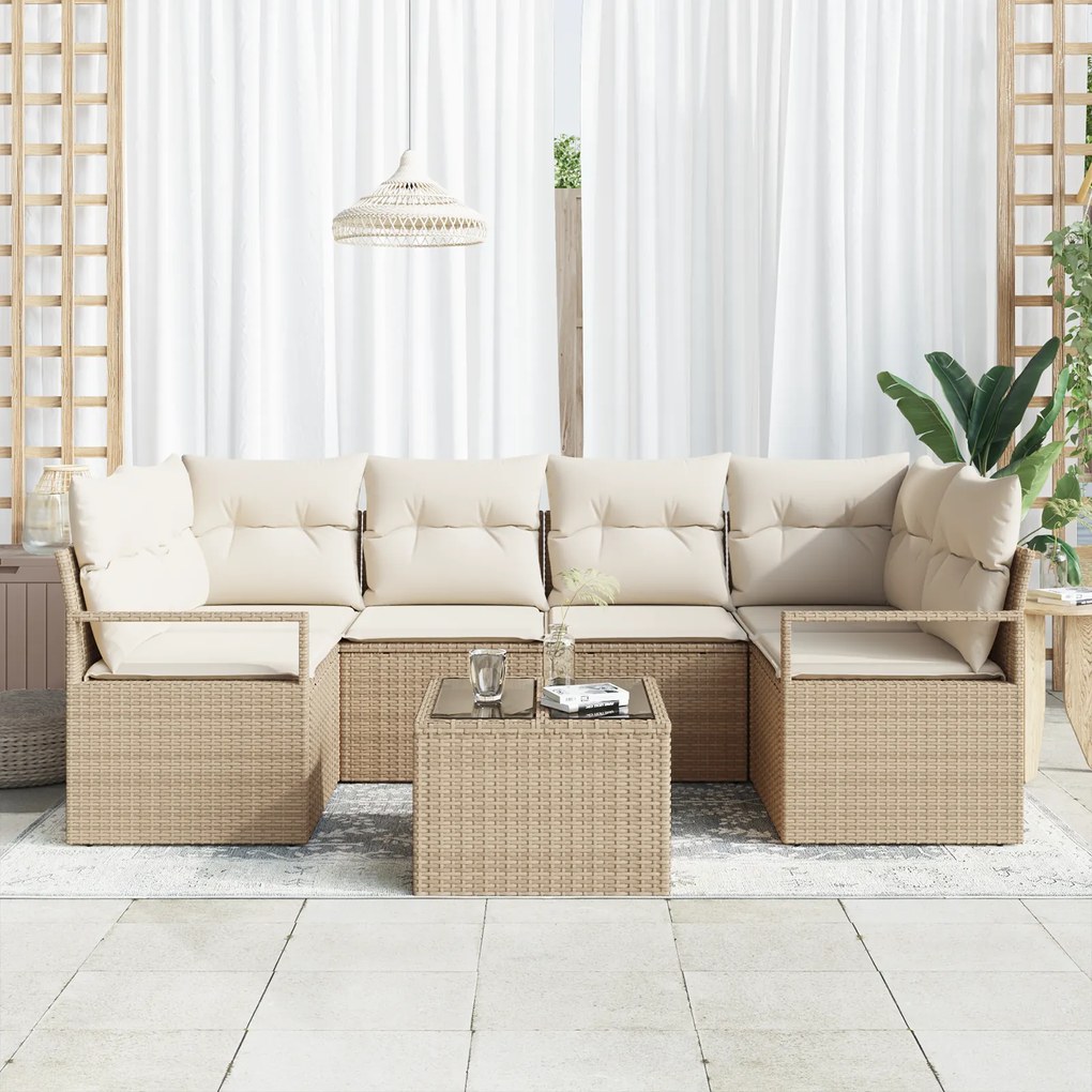 Conjunto de Sofás de Jardim vidaXL de 7 Peças com Almofadas Bege de Po