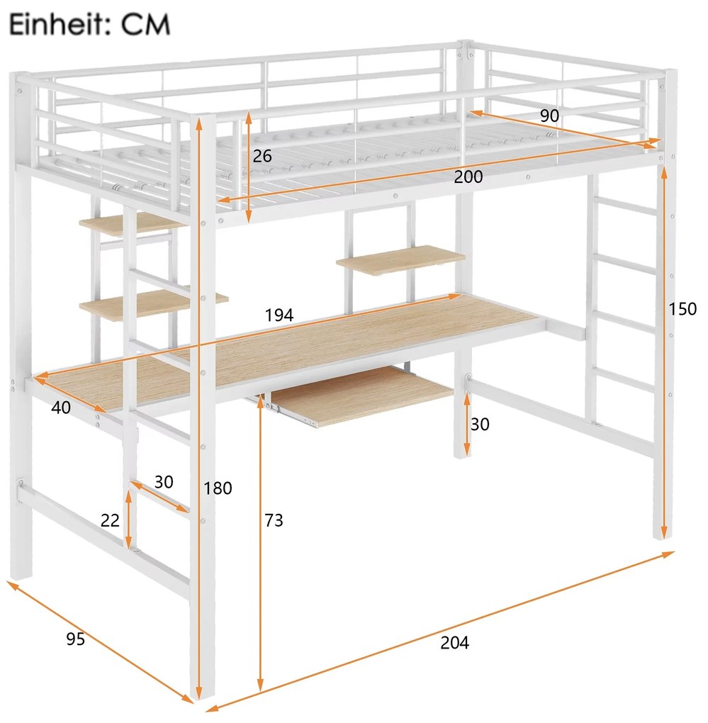 Beliche/Cama Alta com Secretária e Estantes – Coimbra – 90x200 cm – Pr