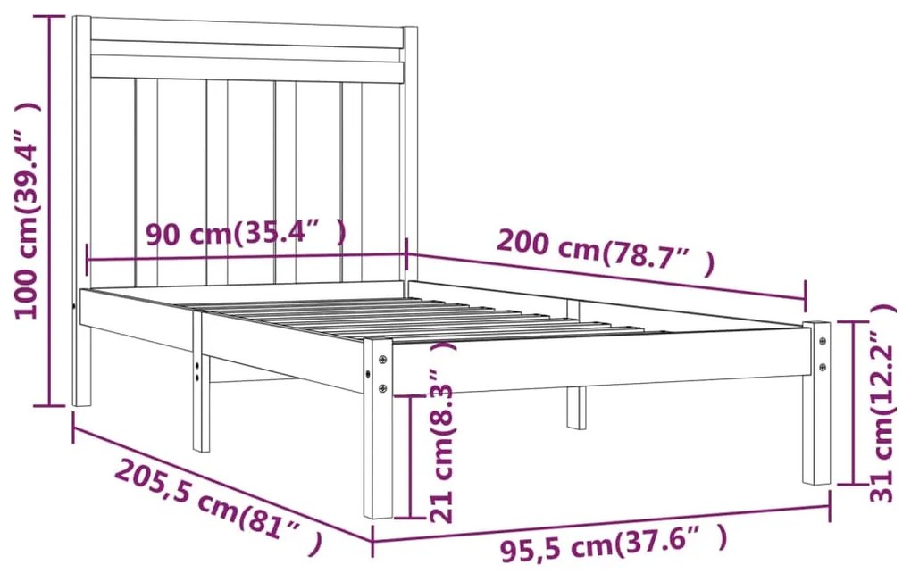 Estrutura de cama 90x200 cm madeira maciça