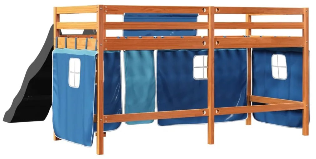 Cama alta p/ criança c/ cortinas 90x190 cm pinho maciço azul