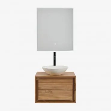 Conjunto De Móveis De Banheiro Em Madeira De Teca Jabari Madeira De Teca & Cimento Redondo Branco Ø40 Cm Zavion & Led Retangular - Sklum