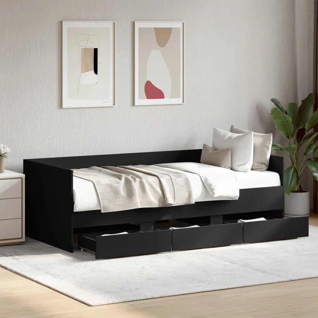 Sofá-cama com gavetas 90x200 cm derivados de madeira preto