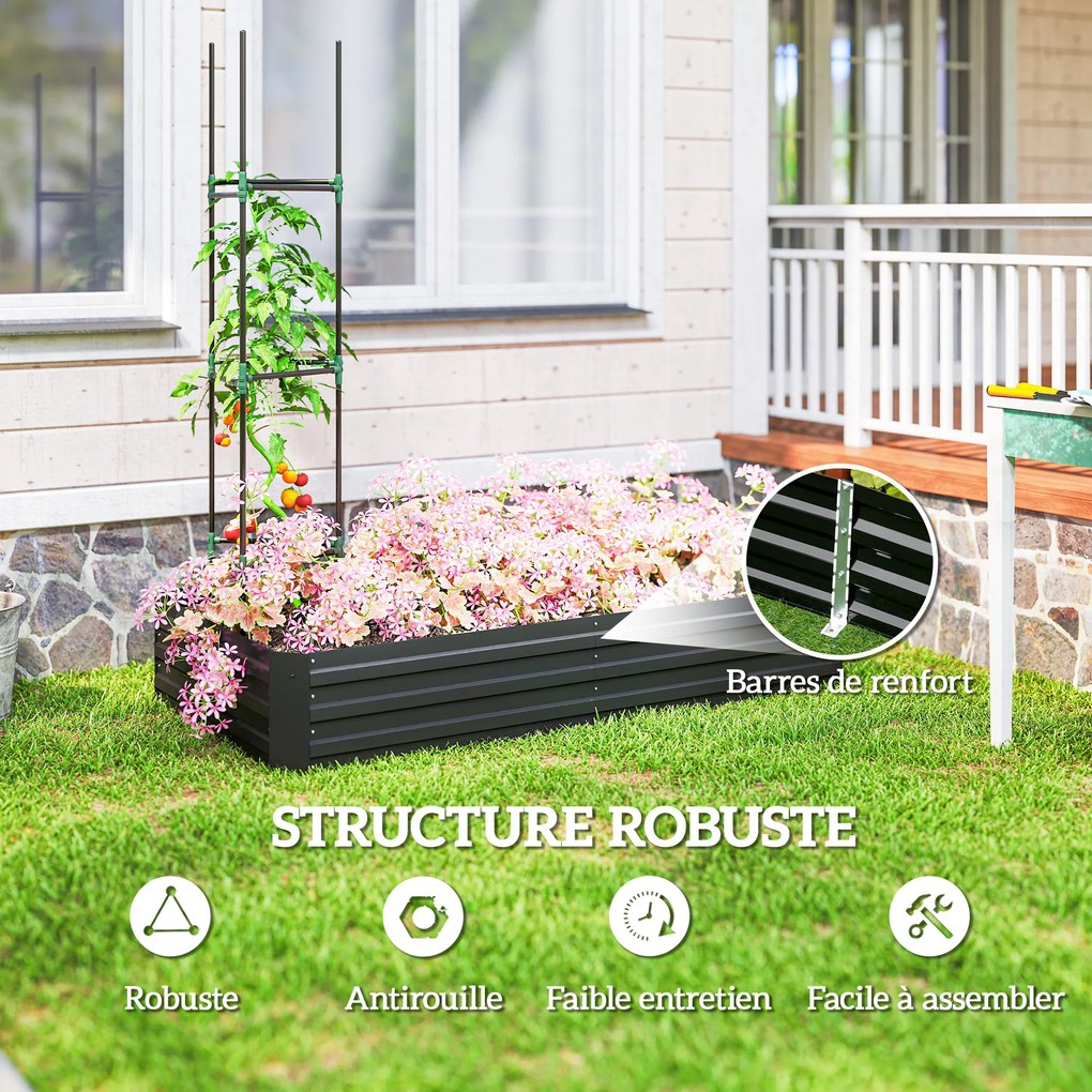 Floreira retangular de aço galvanizado com suportes para tomates e plantas trepadeiras, 180 x 90 x 29,5 cm preto