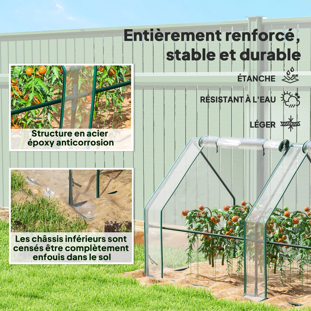 Mini-estufa de jardim em túnel 360 x 90 x 90 cm com 4 janelas com fecho de correr, aço, PE 140 g/m², proteção anti-UV, transparente