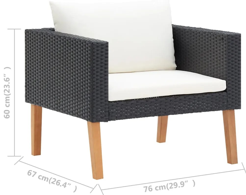 3 pcs conjunto lounge para jardim c/ almofadões vime PE preto
