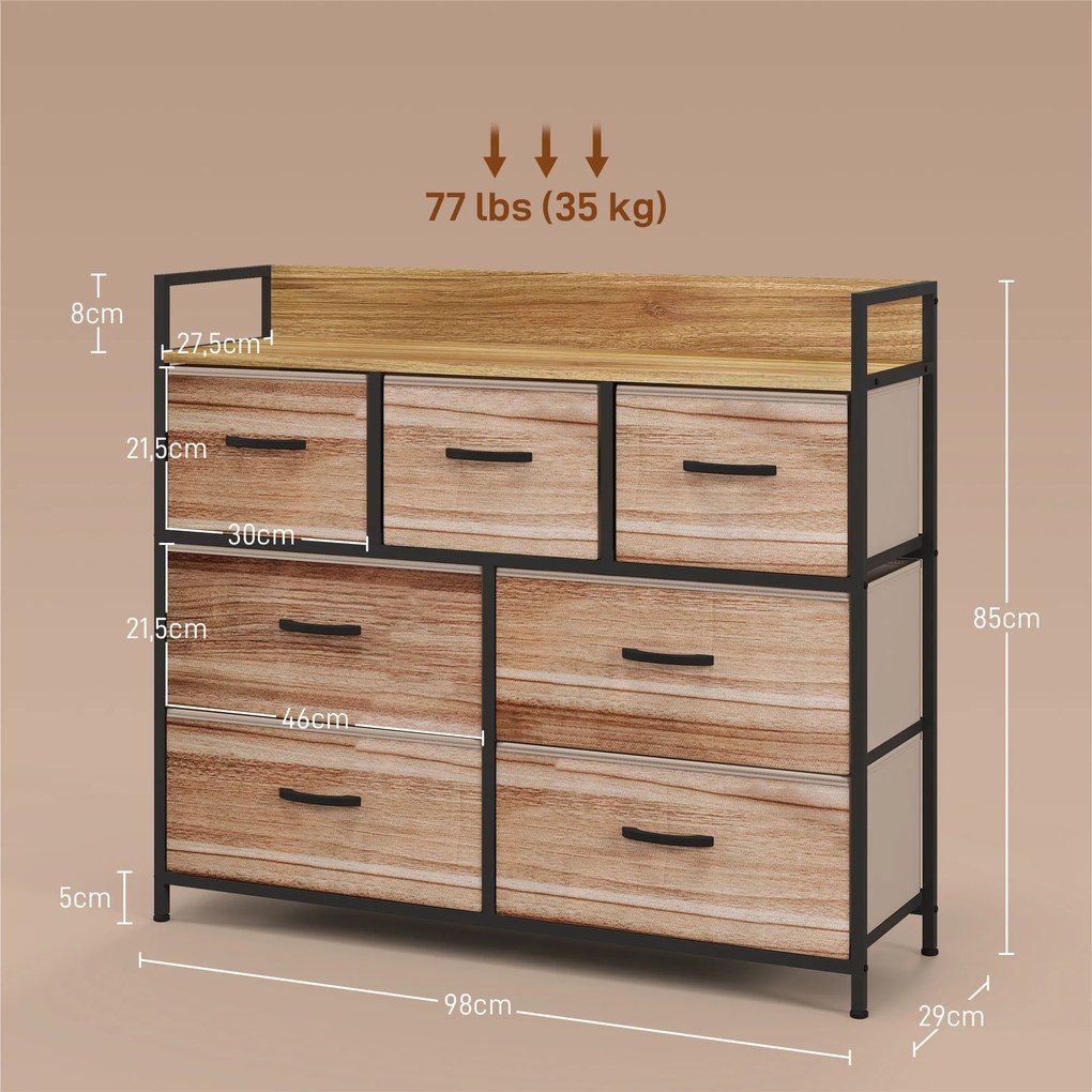 Cómoda com 7 gavetas, móvel de arrumação com gavetas em tecido dobrável - estrutura em aço preto - 98 x 29 x 85 cm