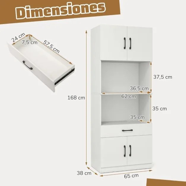 Armário de cozinha 65 x 38 x 168 cm com 4 portas e gaveta, estação de carregamento incorporada para sala de estar/jantar branco