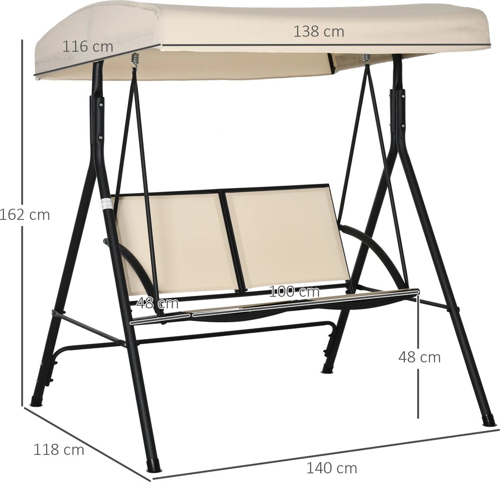 Baloiço de Jardim Exterior de 2 Lugares com Toldo Ajustável e Estrutura em Aço Assentos Textilene 140x118x162 cm Bege