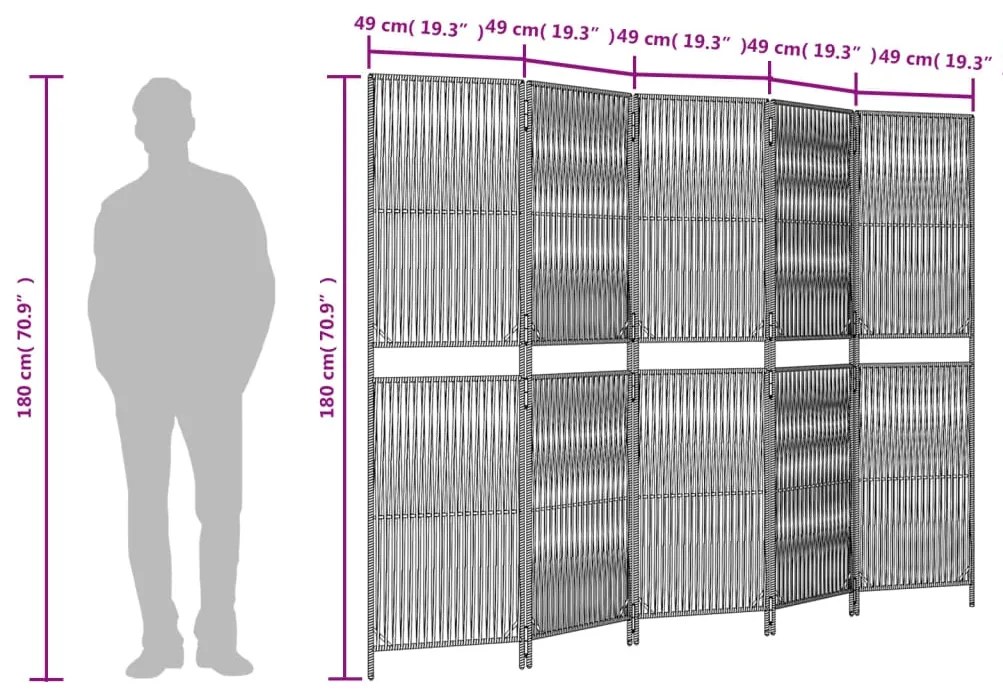 Biombo de divisão 5 painéis vime PE cinzento