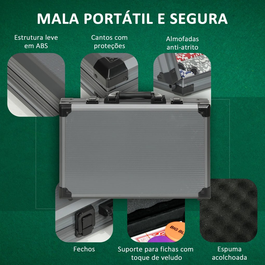 Mala de Póquer com 400 Fichas 2 Baralhos 5 Dados Tapete e Botão Dealer 39,5x28x8 cm Cinza