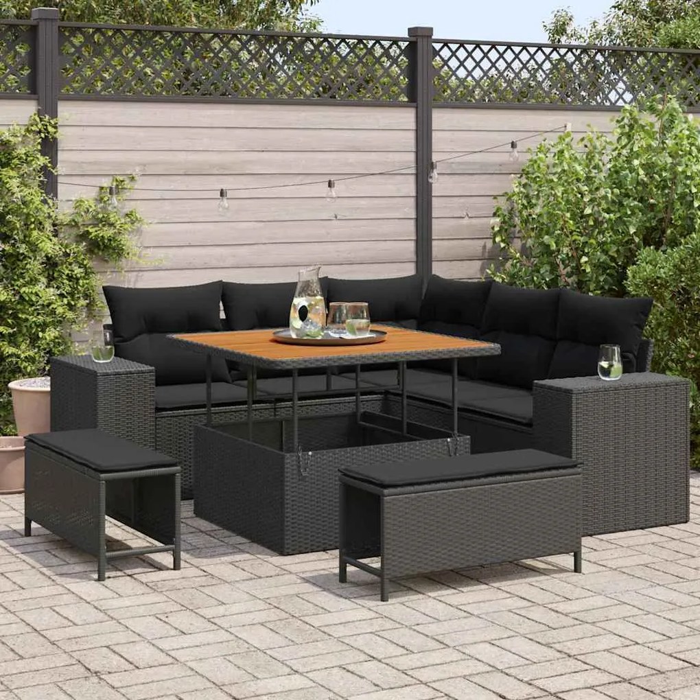 vidaXL Conjunto de Sofá de Jardim com 8 Peças , Almofadas Rattan Preto, Poliéster e Acácia.