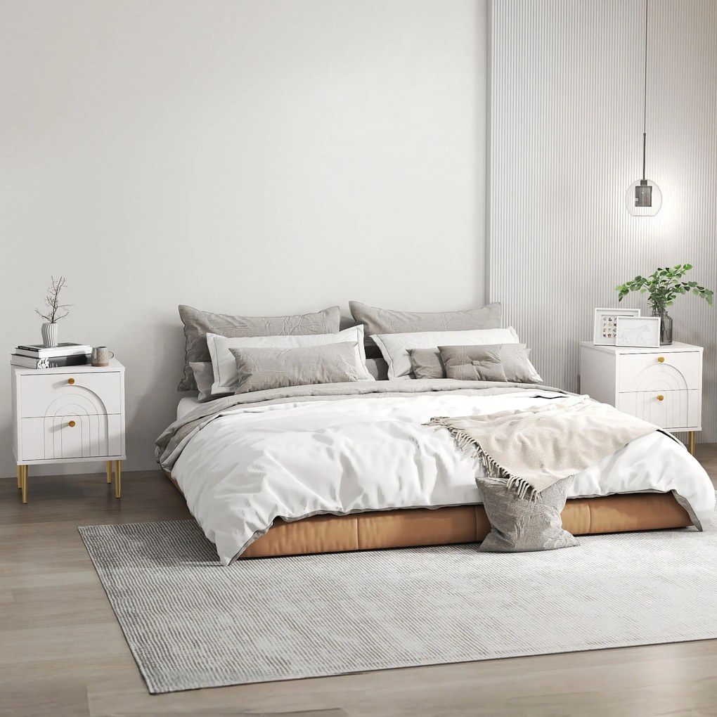 Conjunto de 2 mesas de cabeceira com 2 gavetas e pés em aço para quarto 40 x 35 x 50 cm, sala de estar, branco