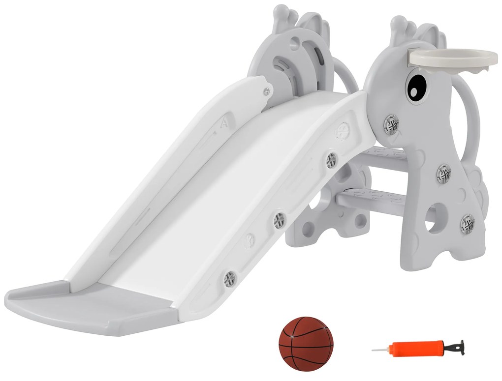AIYAPLAY Escorrega para Crianças 3 em 1 com Escada Tabela de Basquetebol e Desenho de Girafa 106x51,5x52 cm Cinzento