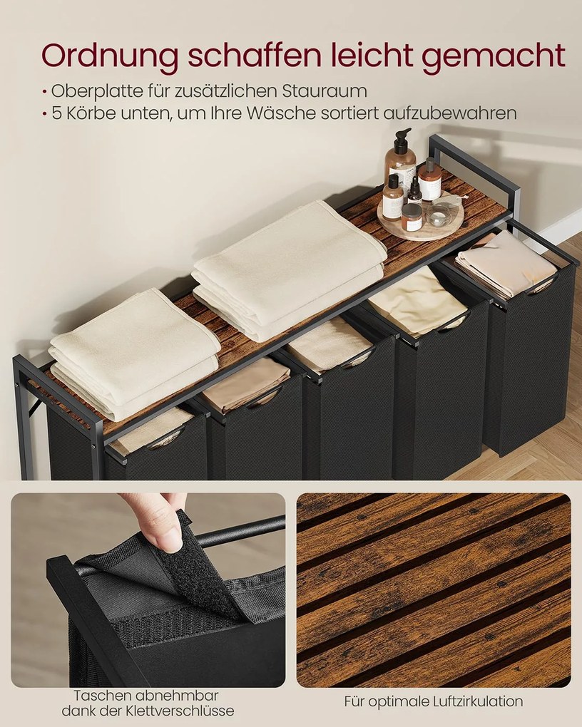 Cesto para roupa suja com prateleira em tecido Oxford 143,5 x 33 x 72 cm Preto + Castanho vintage
