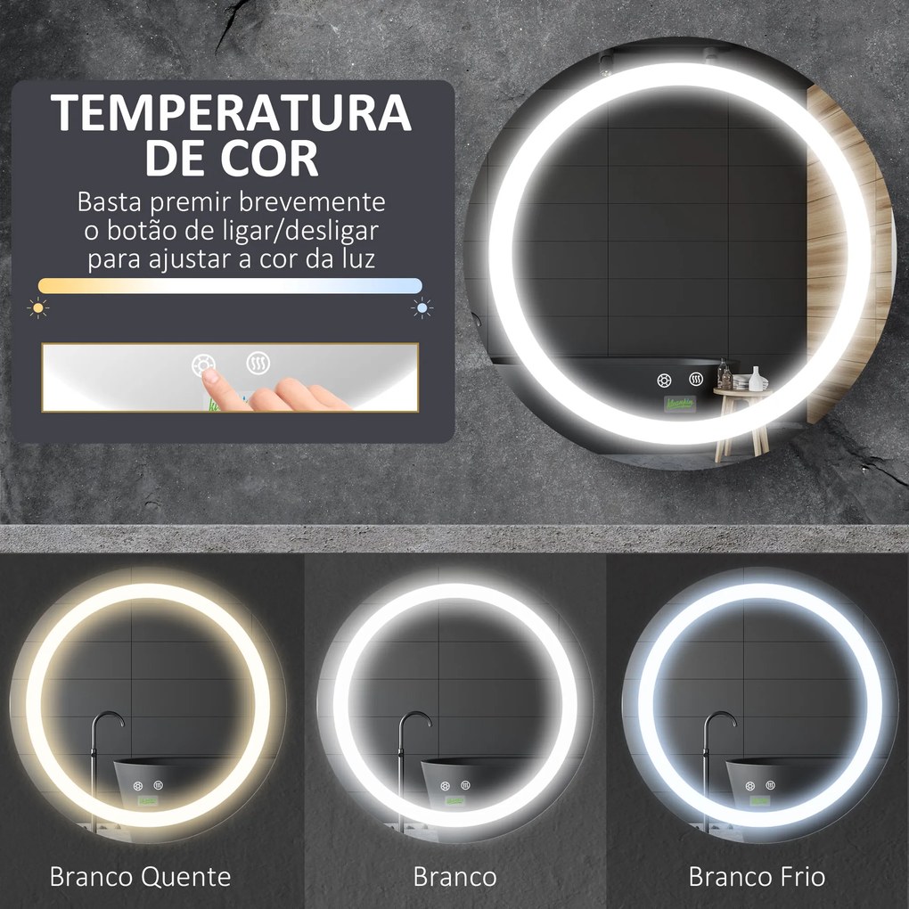 Espelho Casa de Banho com Luz LED Ø50x4,6cm Espelho Redondo de Parede com Interruptor Tátil 3 Luzes Ajustáveis Função de Memória e Anti-Embaciamento E