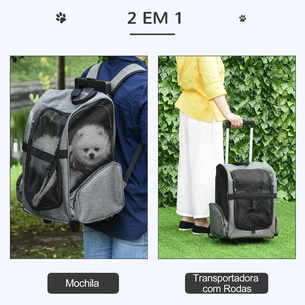 Transportadora Carrinho para Animais de Estimação 2 em 1 Mochila de Viagem com 2 Rodas para Cães Gatos com Alça Retrátil de Alumínio e Bolso de Armaze