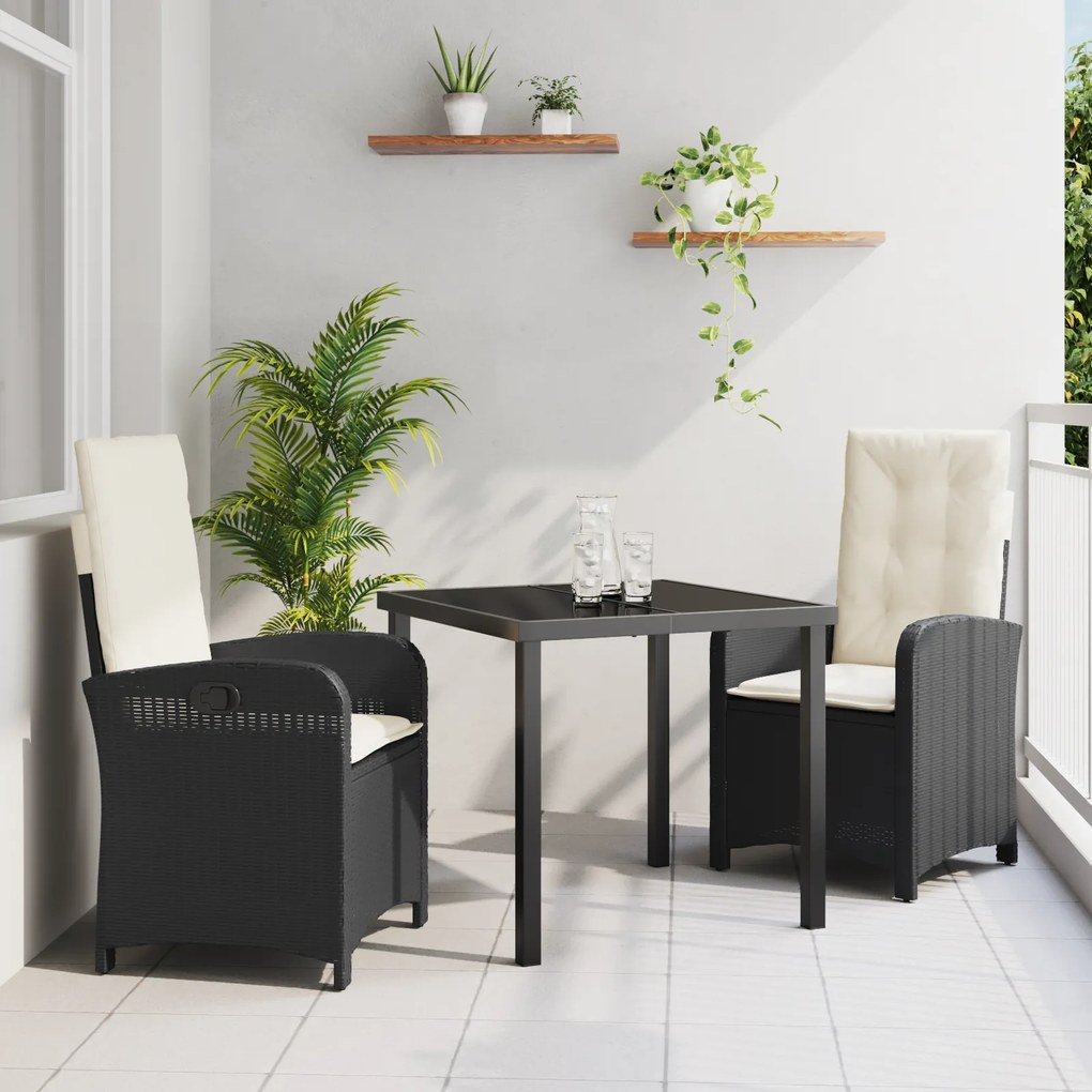 vidaXL Conjunto de Jantar de Jardim com Almofadas de Rattan Preto