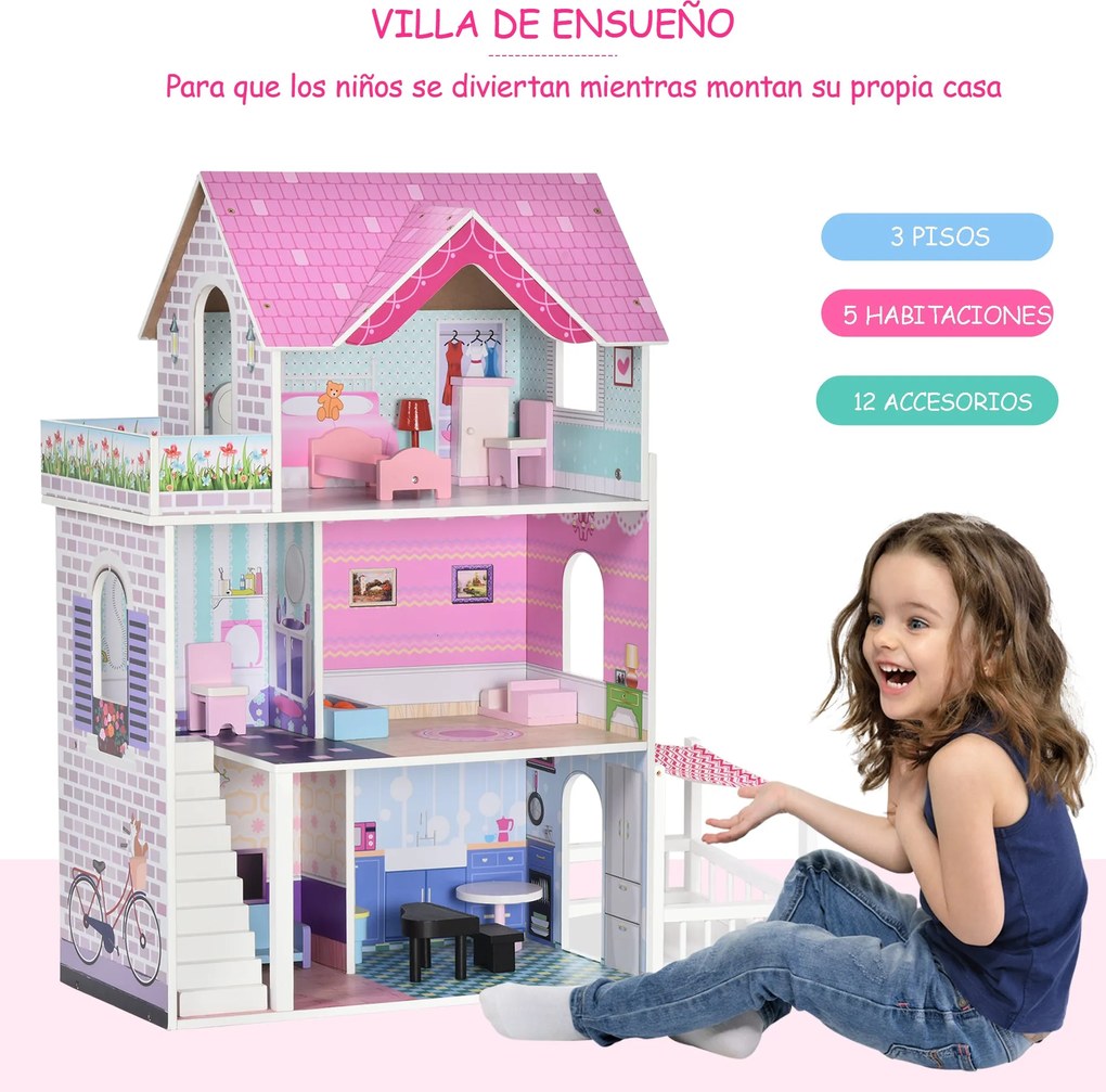 Casa de bonecas 3 andares com Pátio Mobília acessórios Madeira 86x30x8