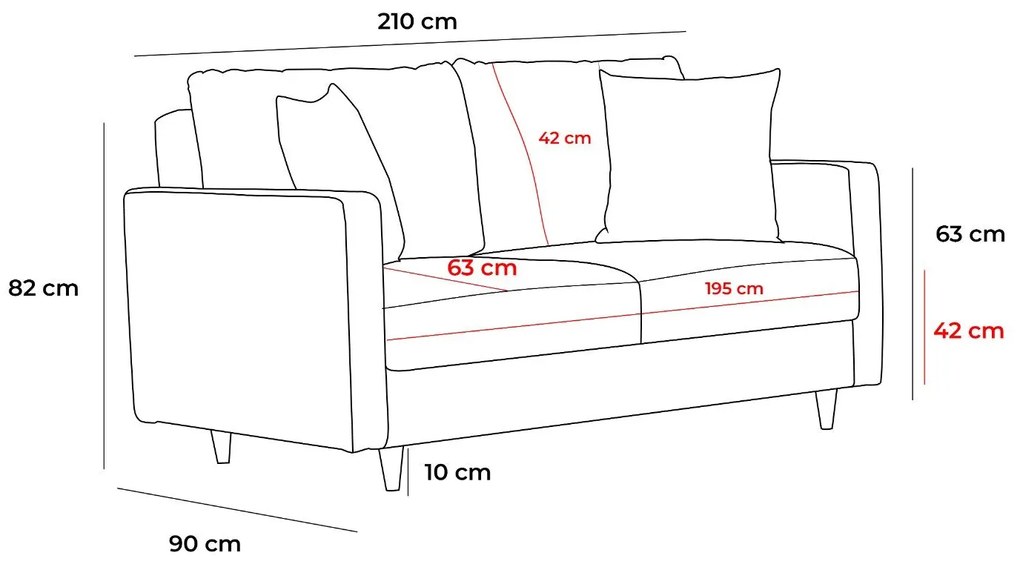 Sofá de 3 Lugares Eva – Cinzento – 210 cm x 82 cm x 90 cm