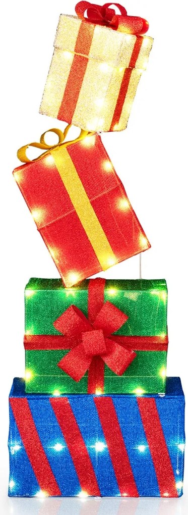 Conjunto de 4 caixas de presente iluminadas de Natal luminosas com laços coloridos 52 luzes LED brancas quentes multicoloridas