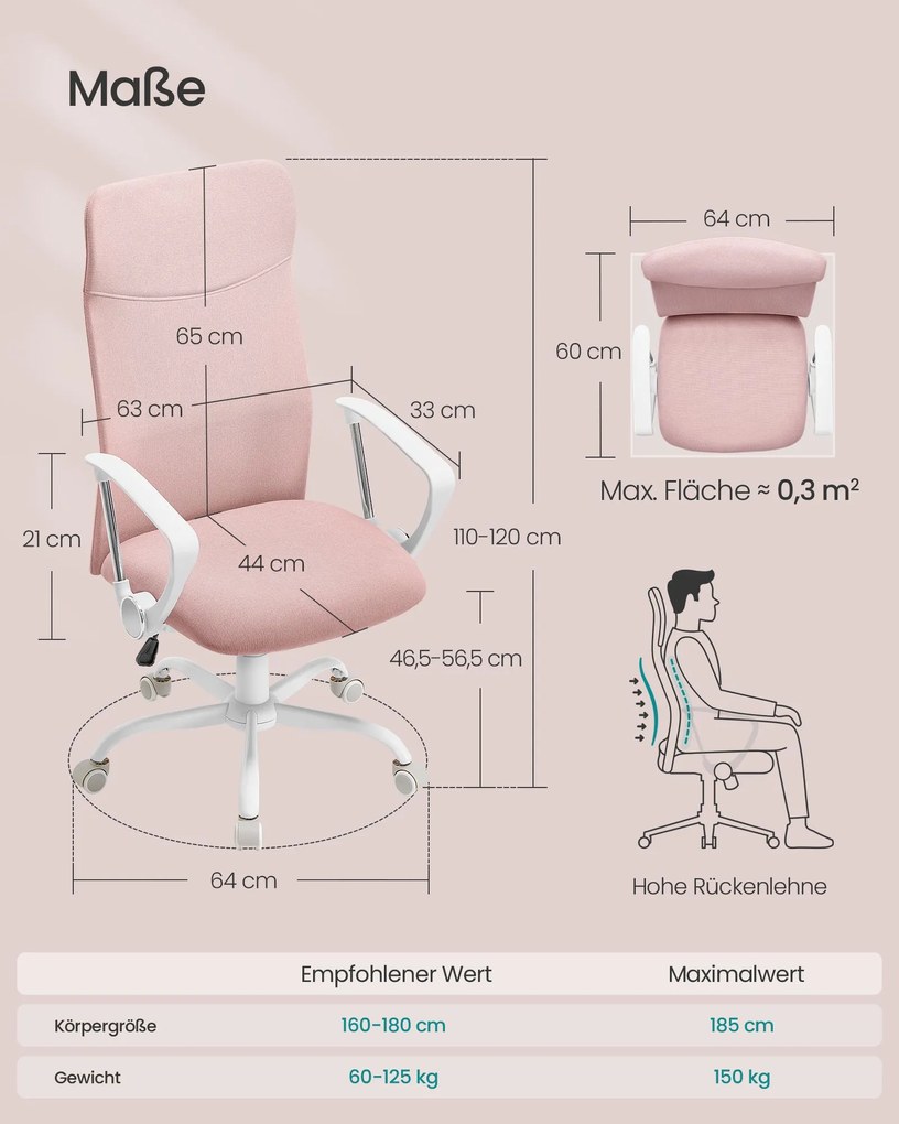 Cadeira de escritório com assento estofado, capacidade de carga até 120 kg  rosa pastel