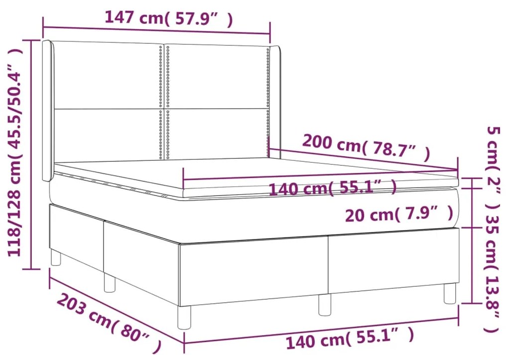Cama box spring c/ colchão/LED 140x200cm tecido castanho-escuro